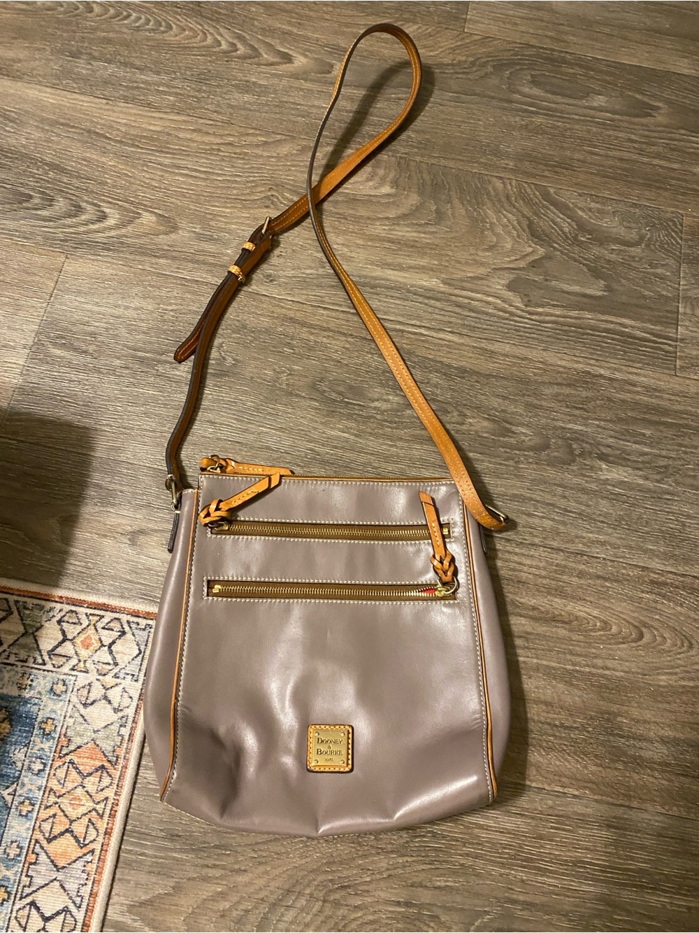 Dooney & Bourke grayish taupe Leather Crossbody Bag with Tan Trim
